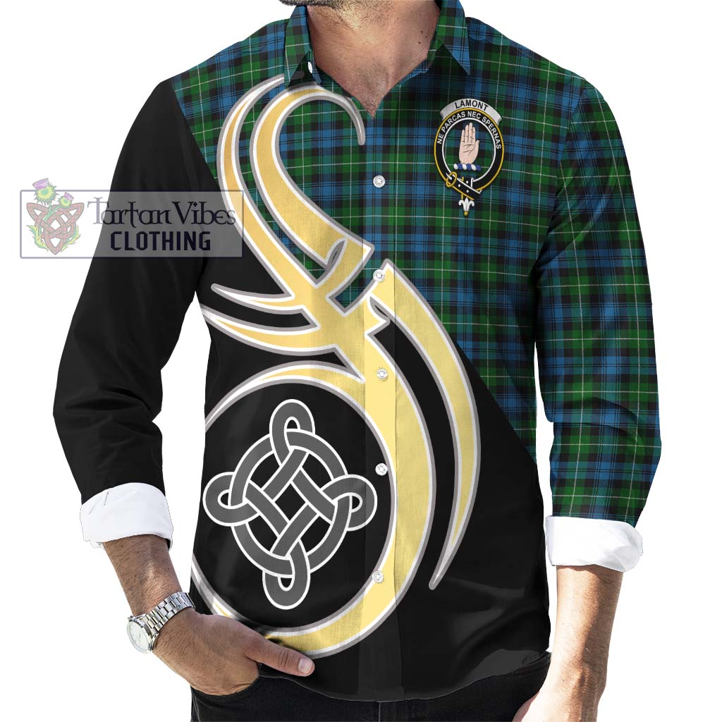 Lamont Tartan Long Sleeve Button Shirt with Family Crest and Celtic Symbol Style - Tartan Vibes Clothing