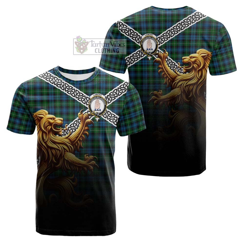 Tartan Vibes Clothing Lamont Crest Tartan Cotton T-shirt with Golden Lion Emblem Celtic Style