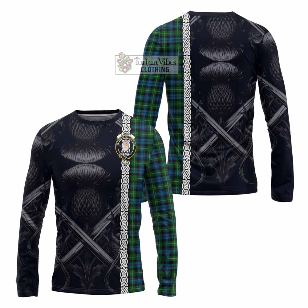 Tartan Vibes Clothing Lamont Tartan Long Sleeve T-Shirt with Family Crest Cross Sword Thistle Celtic Vibes