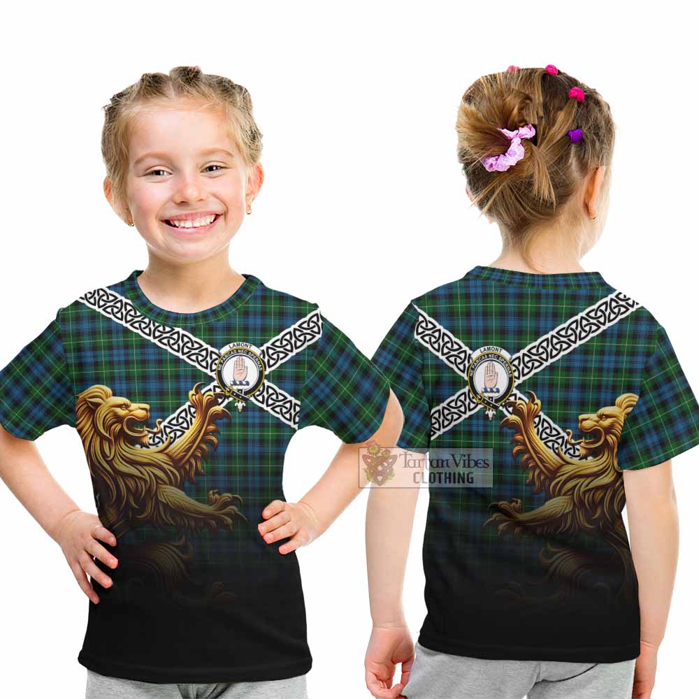 Tartan Vibes Clothing Lamont Crest Tartan Kid T-Shirt with Golden Lion Emblem Celtic Style