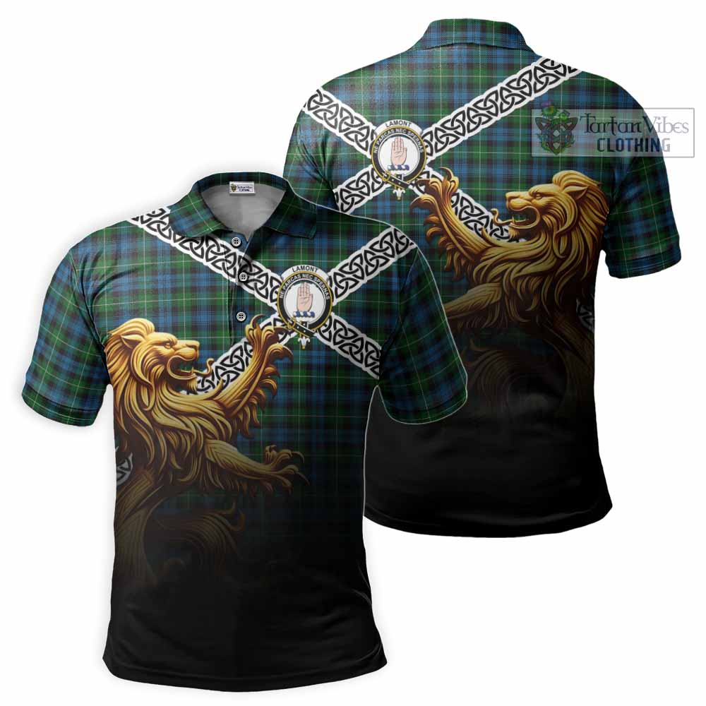 Tartan Vibes Clothing Lamont Crest Tartan Polo Shirt with Golden Lion Emblem Celtic Style