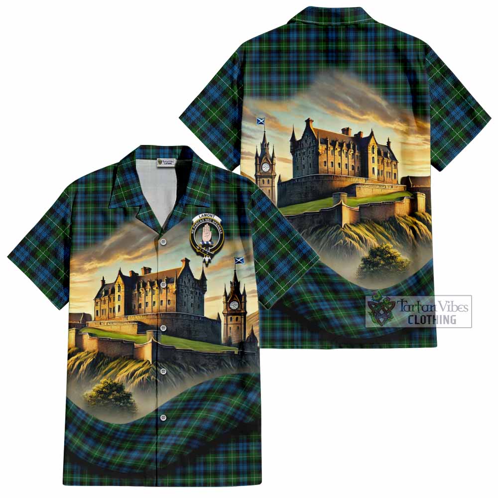 Tartan Vibes Clothing Lamont Tartan Family Crest Short Sleeve Button Shirt with Scottish Ancient Castle Style