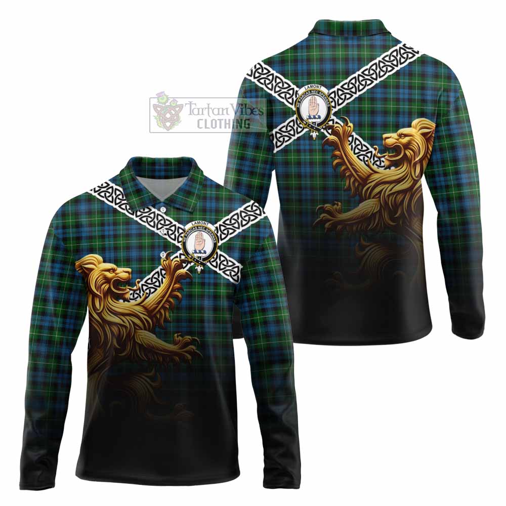 Tartan Vibes Clothing Lamont Crest Tartan Long Sleeve Polo Shirt with Golden Lion Emblem Celtic Style