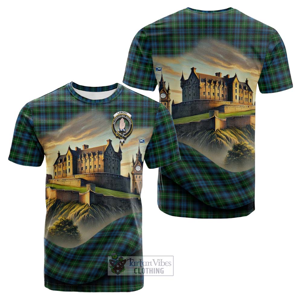 Tartan Vibes Clothing Lamont Tartan Family Crest Cotton T-shirt with Scottish Ancient Castle Style