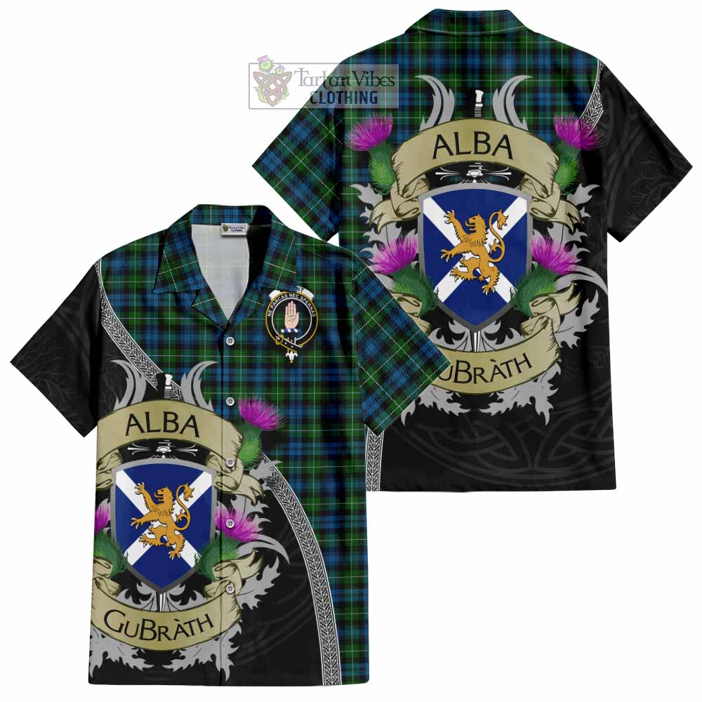 Tartan Vibes Clothing Lamont Tartan Family Crest Short Sleeve Button Shirt Lion Rampant Royal Thistle Shield Celtic Inspired