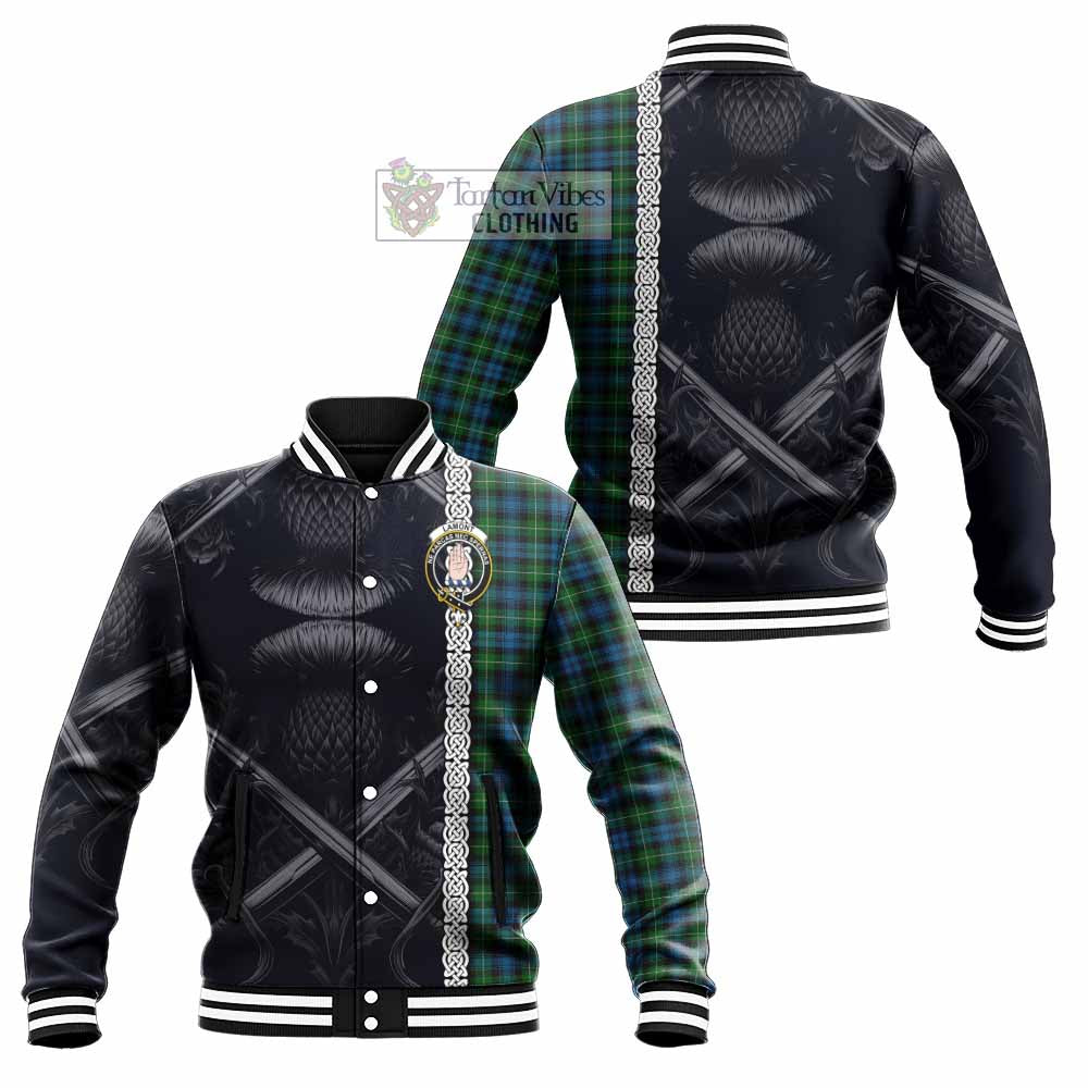 Tartan Vibes Clothing Lamont Tartan Baseball Jacket with Family Crest Cross Sword Thistle Celtic Vibes