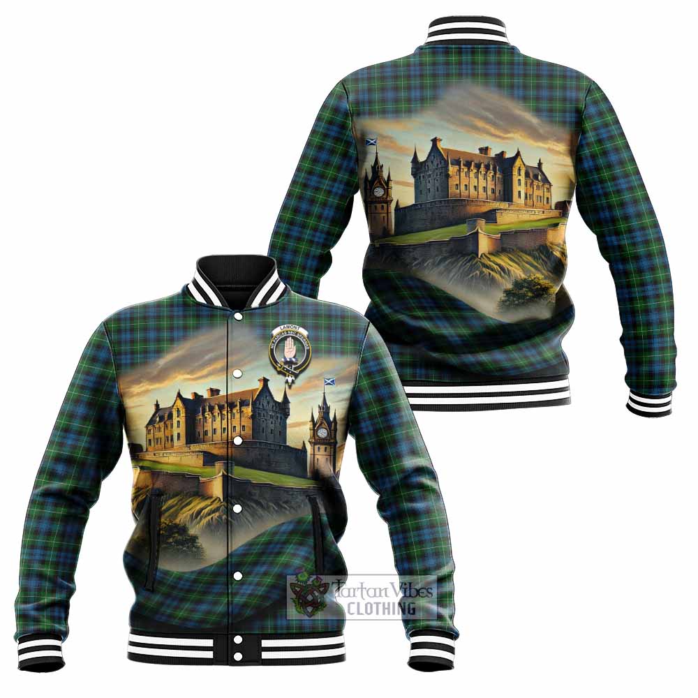 Tartan Vibes Clothing Lamont Tartan Family Crest Baseball Jacket with Scottish Ancient Castle Style