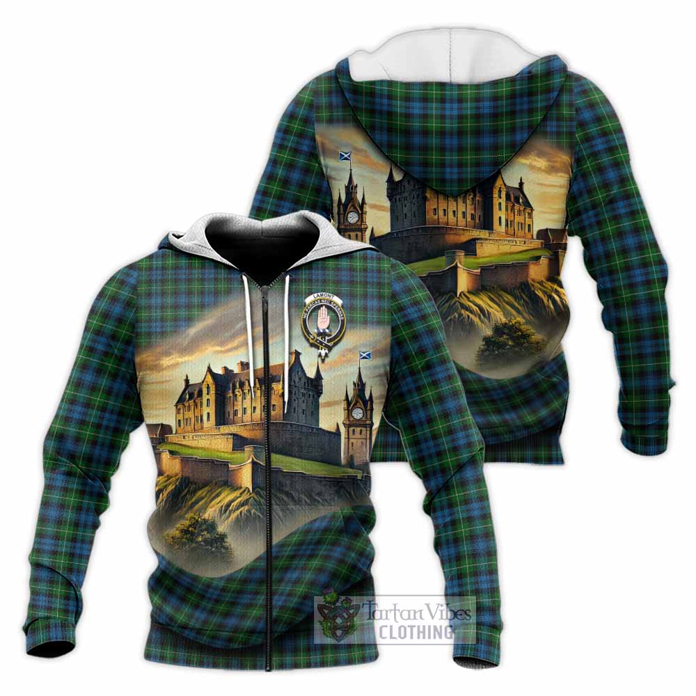 Tartan Vibes Clothing Lamont Tartan Family Crest Knitted Hoodie with Scottish Ancient Castle Style