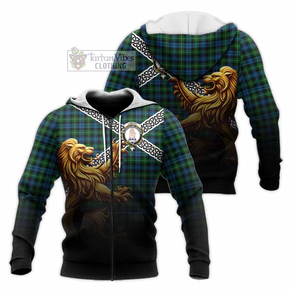Tartan Vibes Clothing Lamont Crest Tartan Knitted Hoodie with Golden Lion Emblem Celtic Style