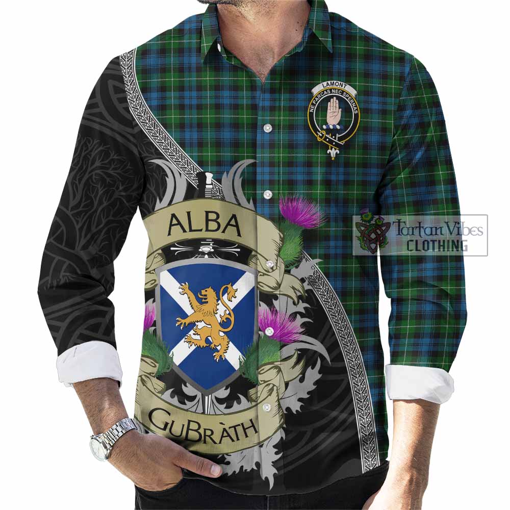 Tartan Vibes Clothing Lamont Tartan Family Crest Long Sleeve Button Shirt Lion Rampant Royal Thistle Shield Celtic Inspired