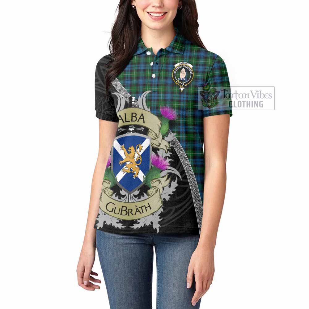 Tartan Vibes Clothing Lamont Tartan Family Crest Women's Polo Shirt Lion Rampant Royal Thistle Shield Celtic Inspired
