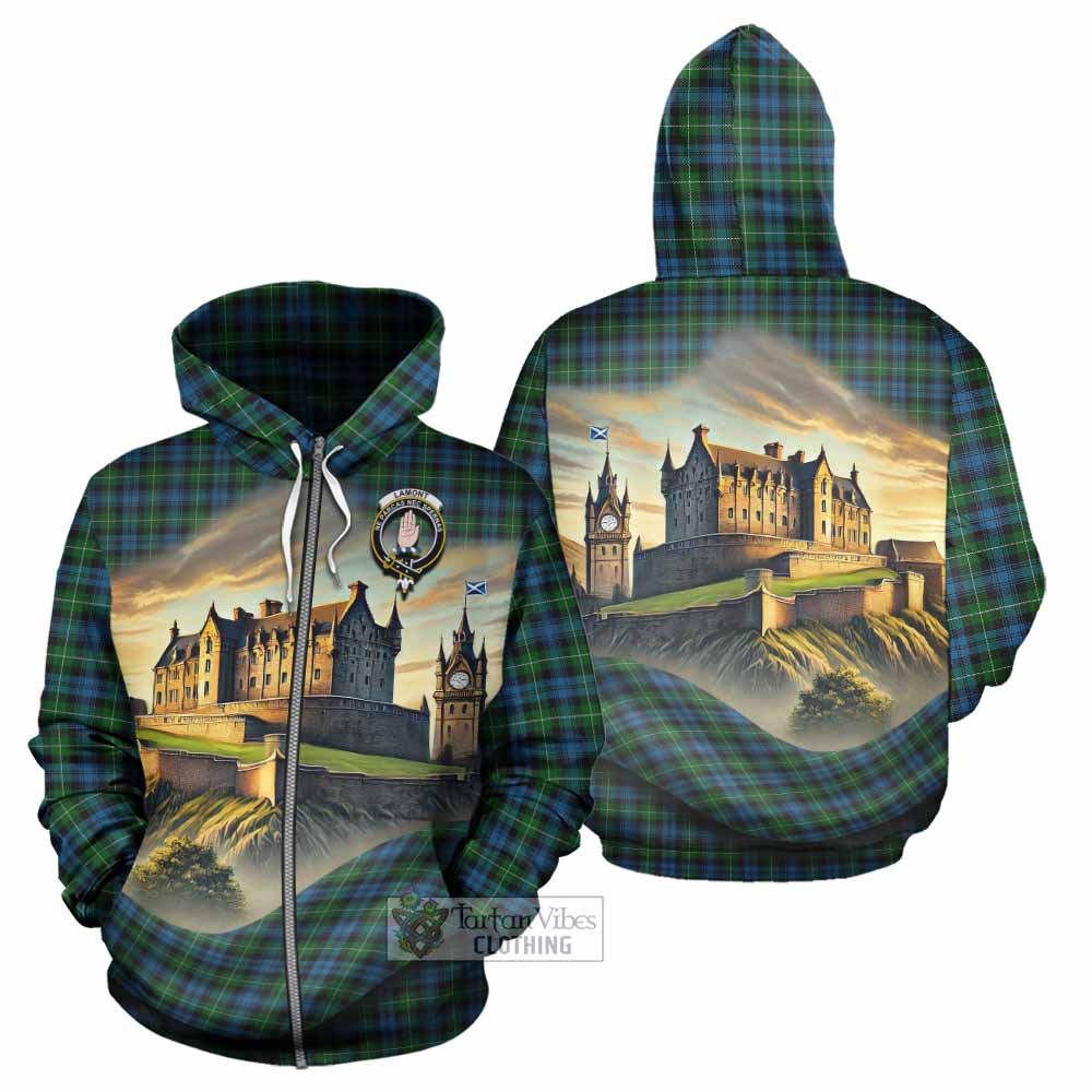Tartan Vibes Clothing Lamont Tartan Family Crest Hoodie with Scottish Ancient Castle Style