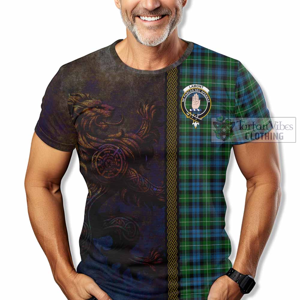 Tartan Vibes Clothing Lamont Tartan Family Crest T-Shirt Alba Gu Brath Be Brave Lion Ancient Style