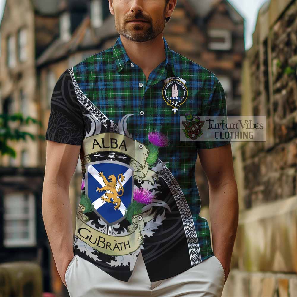 Tartan Vibes Clothing Lamont Tartan Family Crest Short Sleeve Button Shirt Lion Rampant Royal Thistle Shield Celtic Inspired