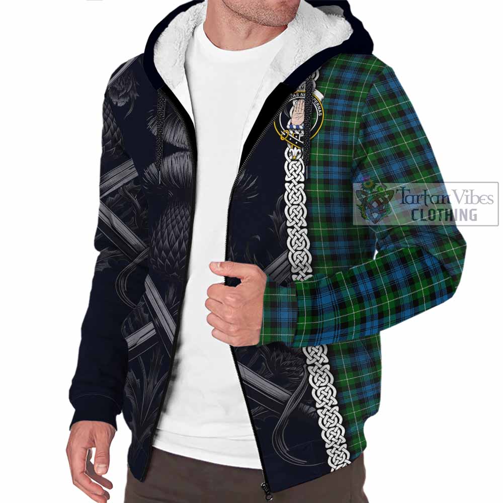 Tartan Vibes Clothing Lamont Tartan Sherpa Hoodie with Family Crest Cross Sword Thistle Celtic Vibes