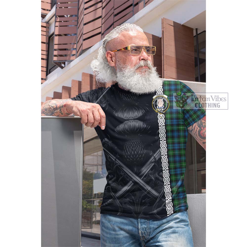 Tartan Vibes Clothing Lamont Tartan Cotton T-shirt with Family Crest Cross Sword Thistle Celtic Vibes