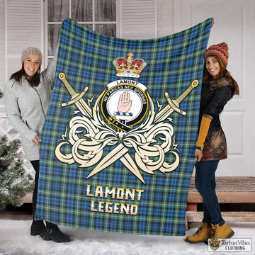 Lamont Ancient Tartan Blanket with Clan Crest and the Golden Sword of Courageous Legacy