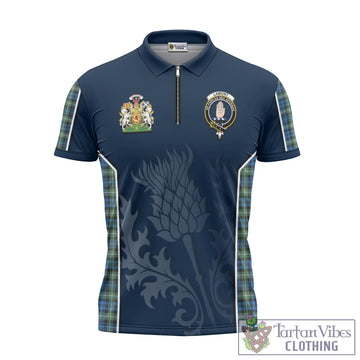 Lamont Ancient Tartan Zipper Polo Shirt with Family Crest and Scottish Thistle Vibes Sport Style