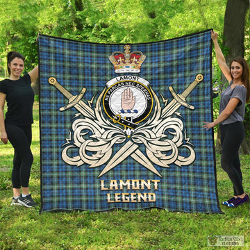 Lamont Ancient Tartan Quilt with Clan Crest and the Golden Sword of Courageous Legacy