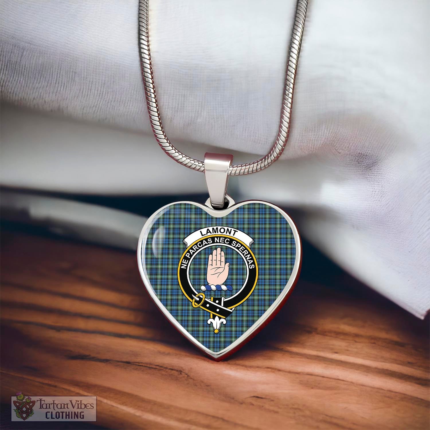 Tartan Vibes Clothing Lamont Ancient Tartan Heart Necklace with Family Crest