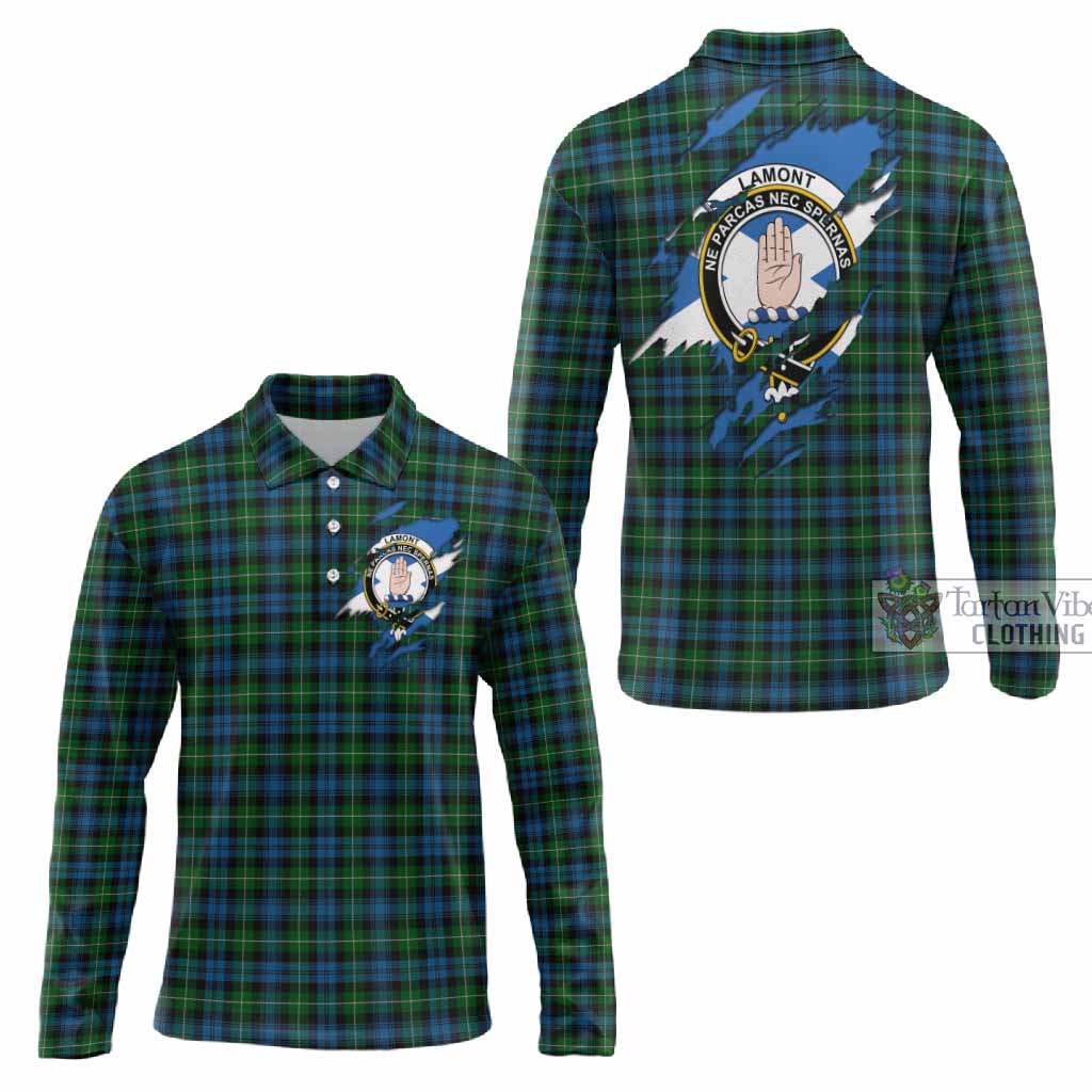 Lamont Clan Crest In Me Tartan Long Sleeve Polo Shirt Scotland Flag Style