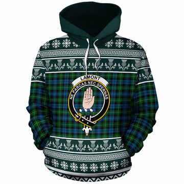 Lamont Clan Tartan Christmas Cotton Hoodie with Family Crest