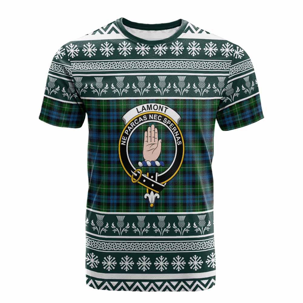 Lamont Clan Tartan Christmas Cotton T-shirt with Family Crest - Tartan Vibes Clothing