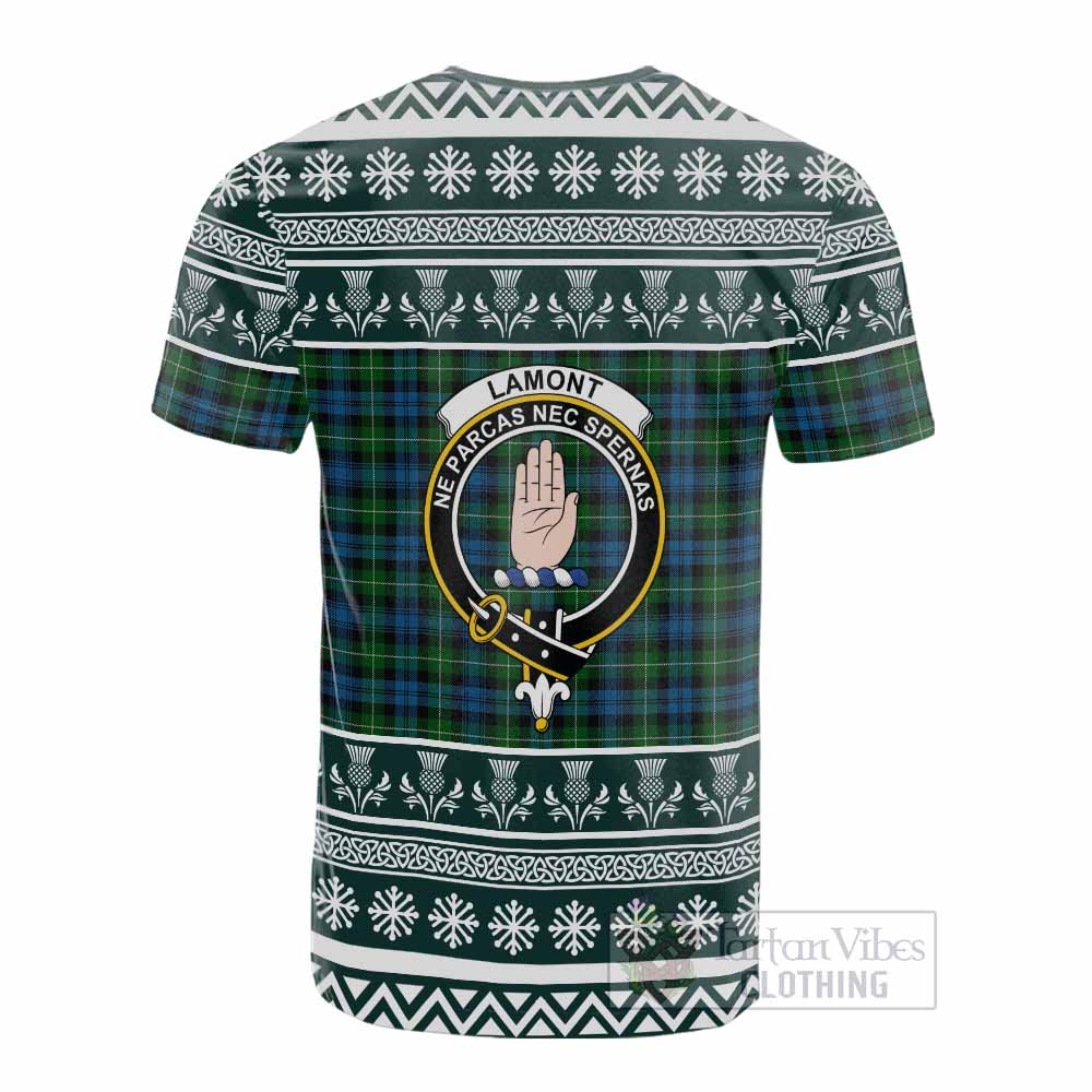 Lamont Clan Tartan Christmas Cotton T-shirt with Family Crest - Tartan Vibes Clothing