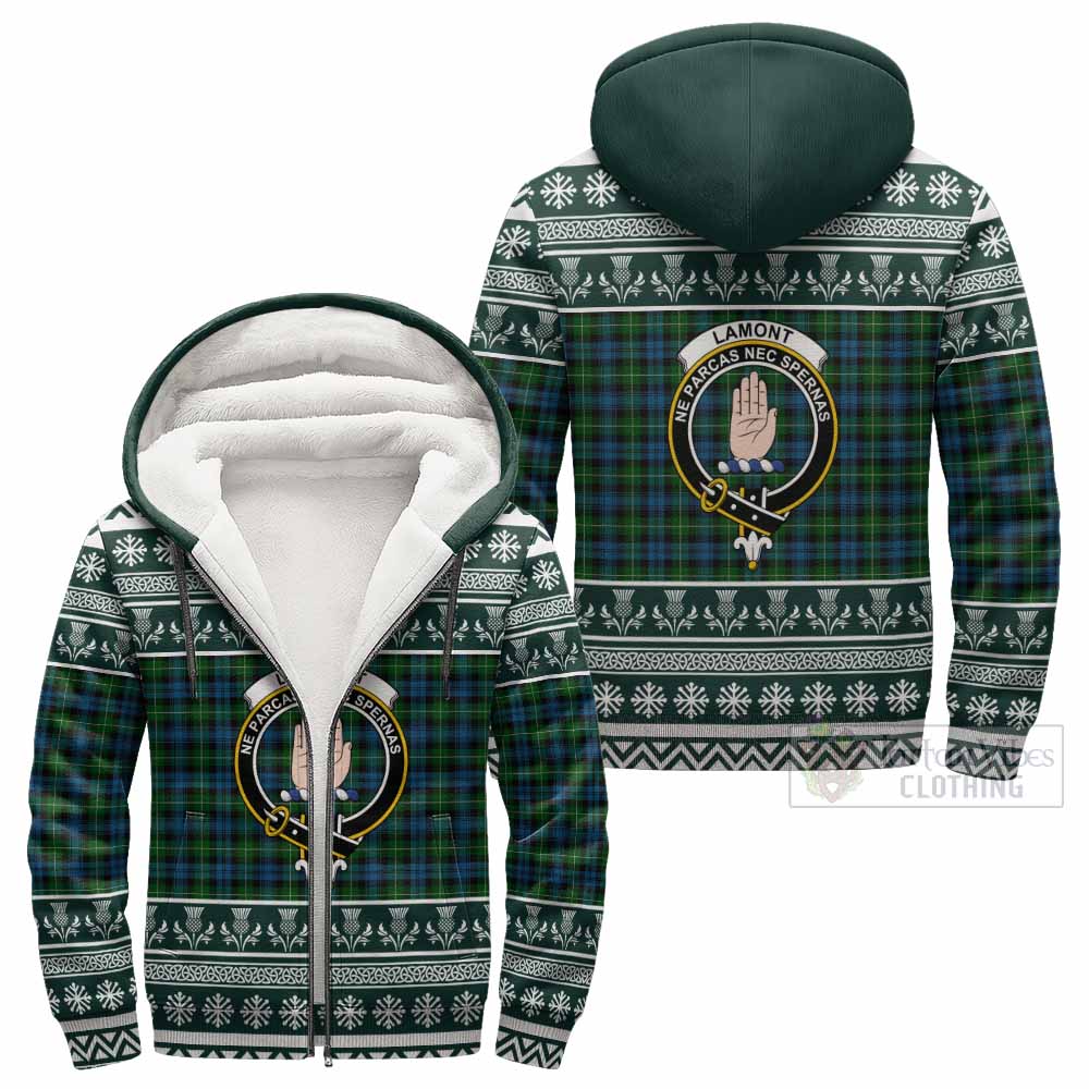 Lamont Clan Tartan Christmas Fleece Hoodie with Family Crest - Tartan Vibes Clothing