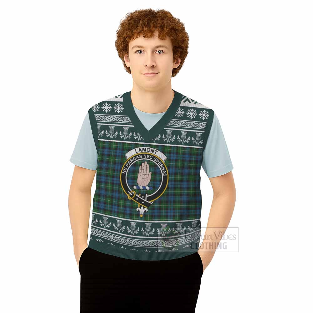 Lamont Clan Tartan Christmas Knitted V-Neck Vest with Family Crest - Tartan Vibes Clothing
