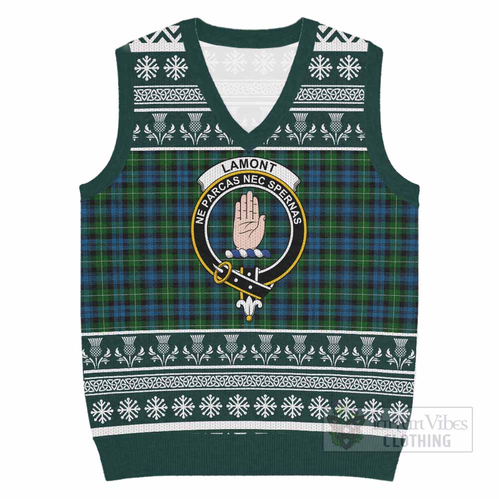 Lamont Clan Tartan Christmas Knitted V-Neck Vest with Family Crest - Tartan Vibes Clothing