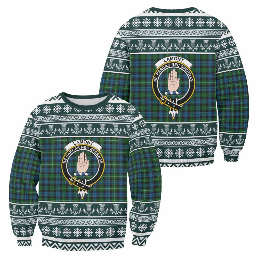 Lamont Clan Tartan Christmas Sweatshirt with Family Crest - Tartan Vibes Clothing