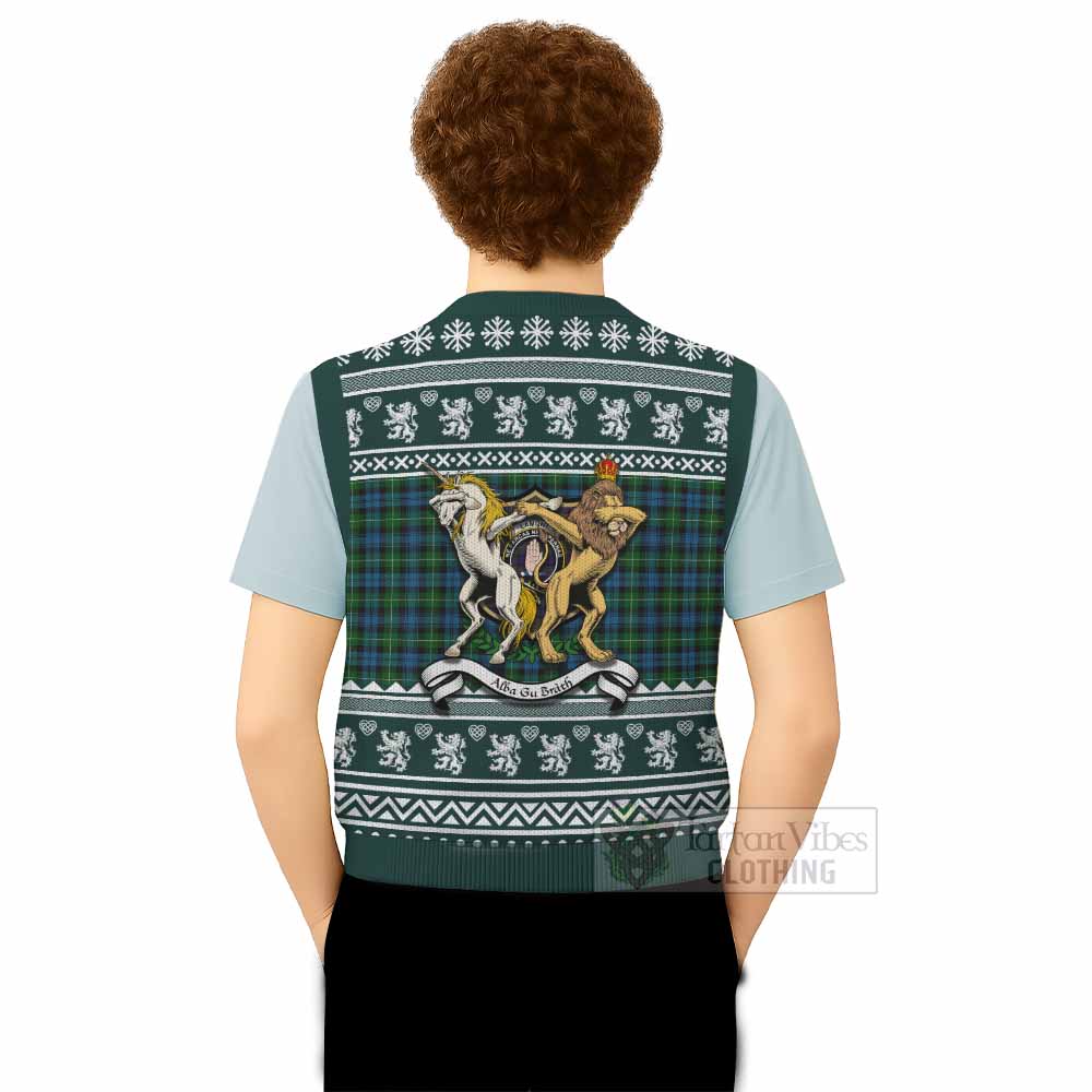 Lamont Clan Tartan Crest Christmas Knitted V-Neck Vest Coat of Arms Funny Style - Tartan Vibes Clothing