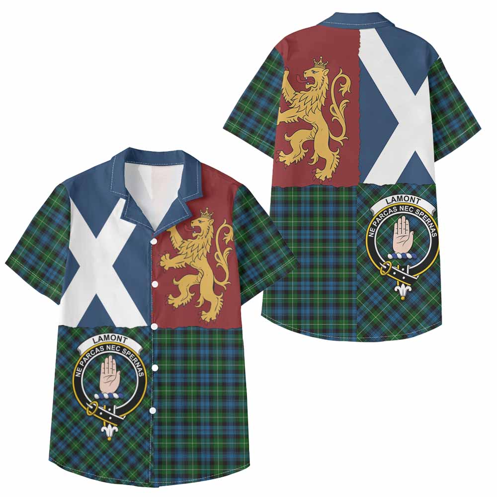 Lamont Crest Tartan Kid Hawaiian Shirt with Lion Rampant Saltire Style - Tartan Vibes Clothing