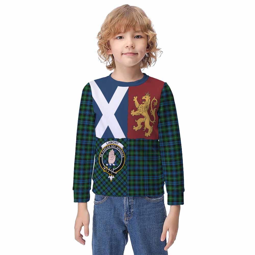 Lamont Crest Tartan Kid Knitted Sweatshirt with Lion Rampant Saltire Style - Tartan Vibes Clothing