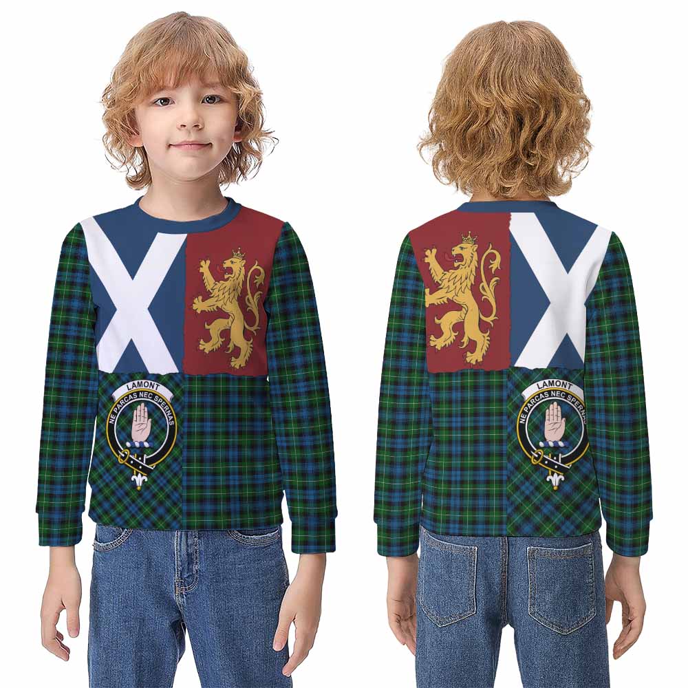 Lamont Crest Tartan Kid Knitted Sweatshirt with Lion Rampant Saltire Style - Tartan Vibes Clothing