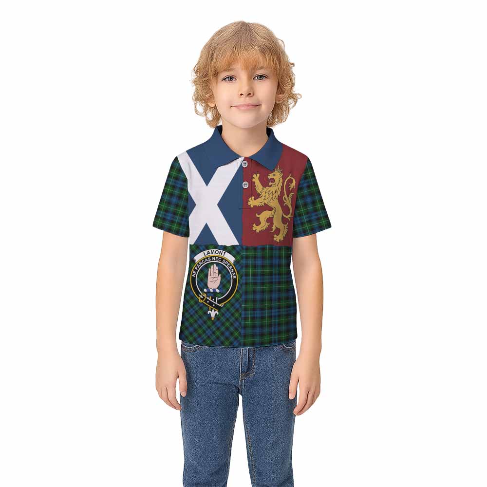 Lamont Crest Tartan Kid Polo Shirt with Lion Rampant Saltire Style - Tartan Vibes Clothing