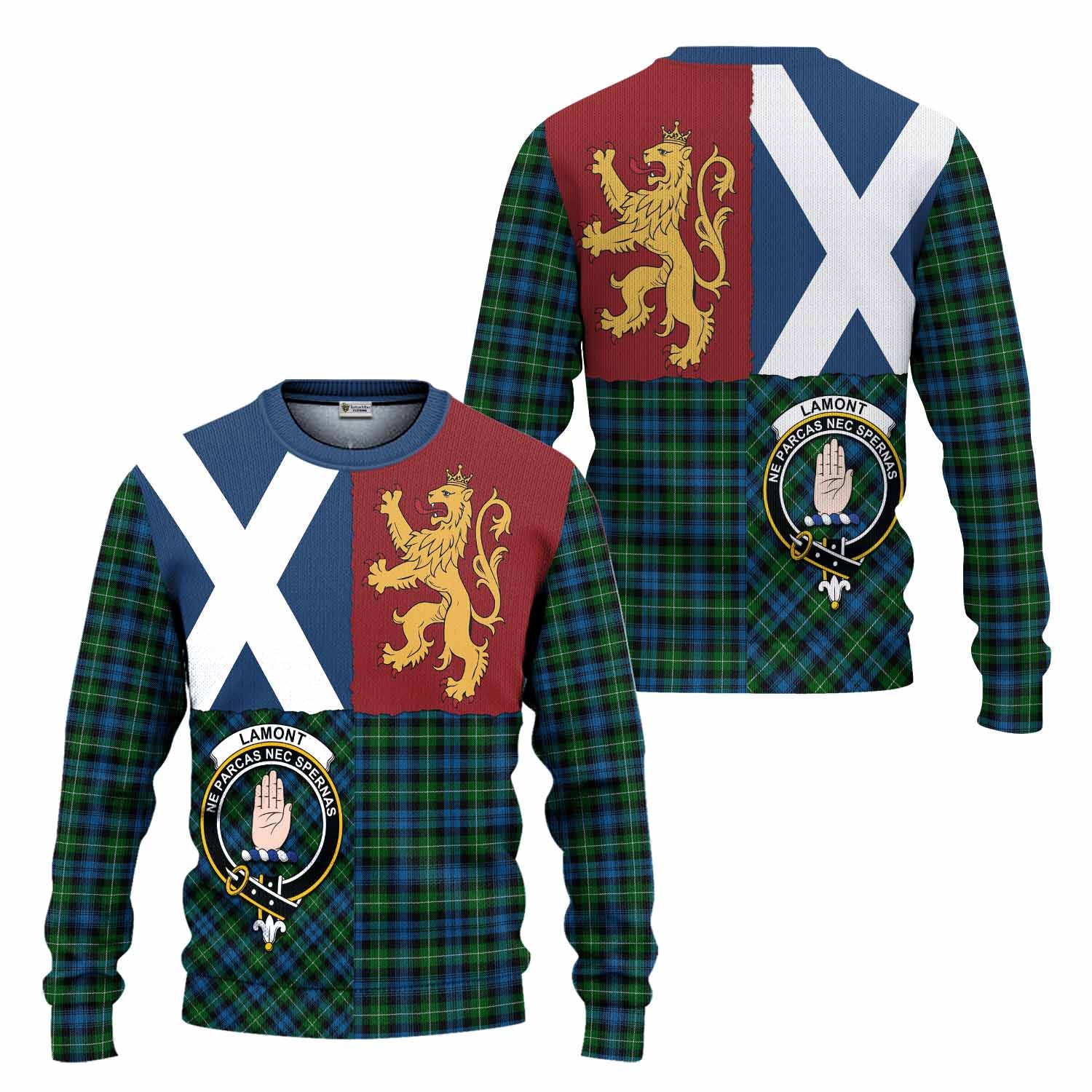 Lamont Crest Tartan Knitted Sweater with Lion Rampant Saltire Style