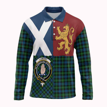 Lamont Crest Tartan Long Sleeve Polo Shirt with Lion Rampant Saltire Style