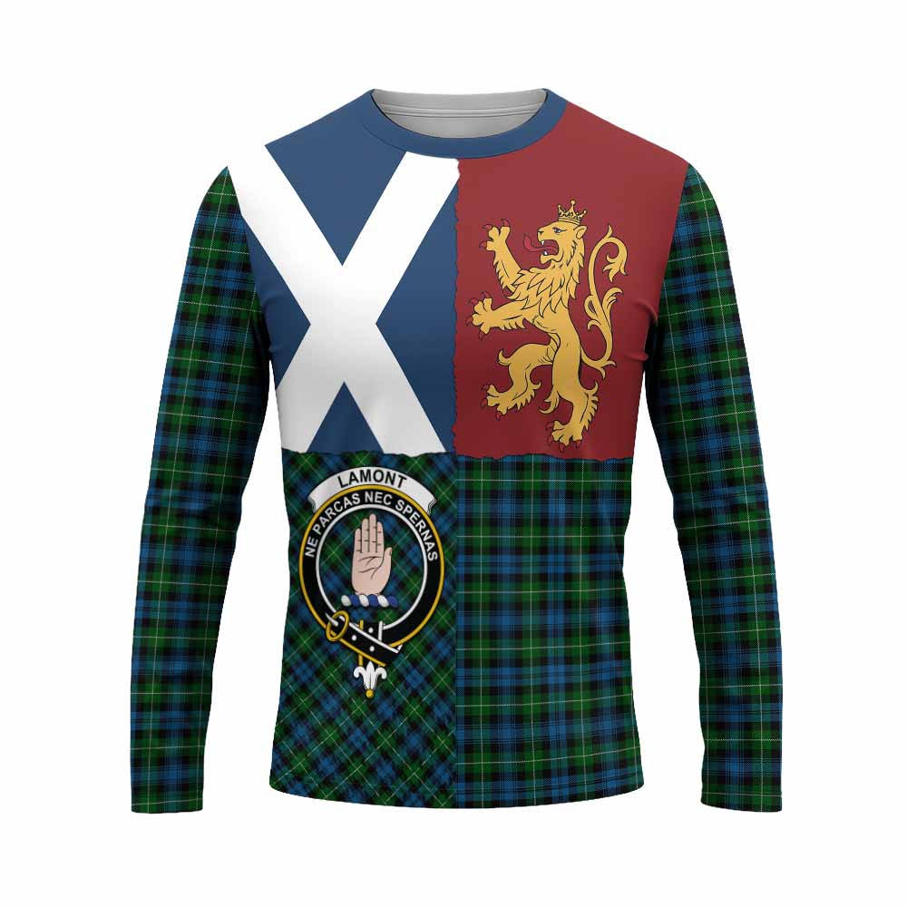 Lamont Crest Tartan Long Sleeve T-Shirt with Lion Rampant Saltire Style