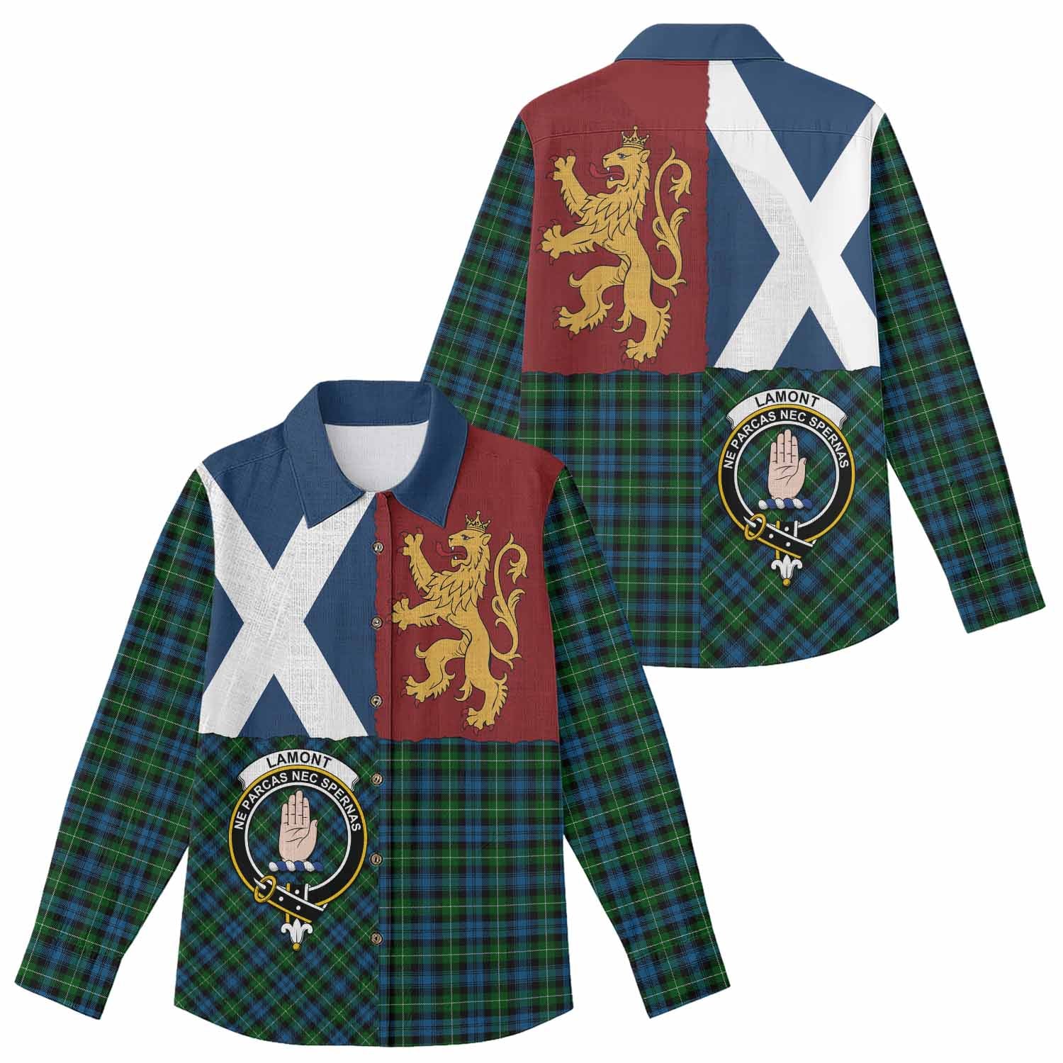 Lamont Crest Tartan Women Casual Shirt with Lion Rampant Saltire Style