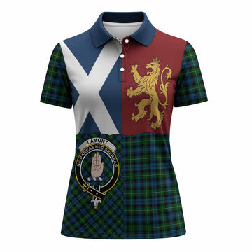 Lamont Crest Tartan Women Polo Shirt with Lion Rampant Saltire Style