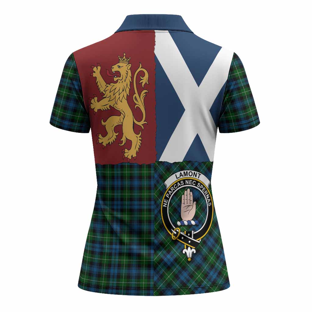 Lamont Crest Tartan Women Polo Shirt with Lion Rampant Saltire Style