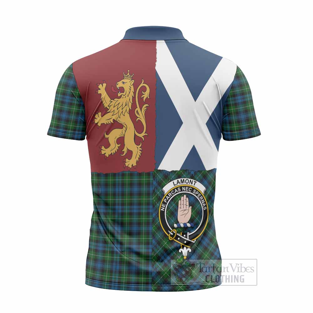 Lamont Crest Tartan Zipper Polo Shirt with Lion Rampant Saltire Style