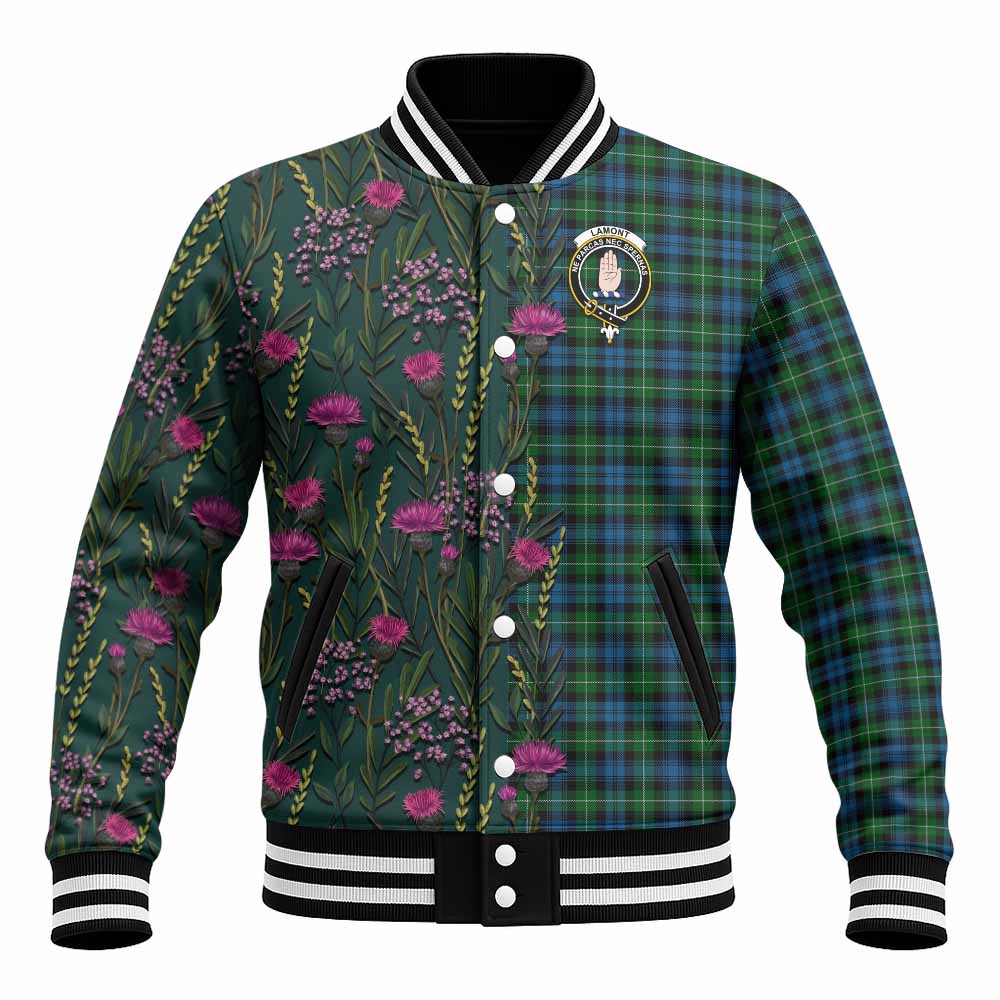 Lamont Family Crest Tartan Baseball Jacket Scottish Thistle Flower Pattern Half Style - Tartan Vibes Clothing