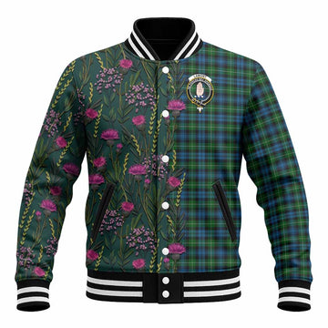 Lamont Family Crest Tartan Baseball Jacket Scottish Thistle Flower Pattern Half Style