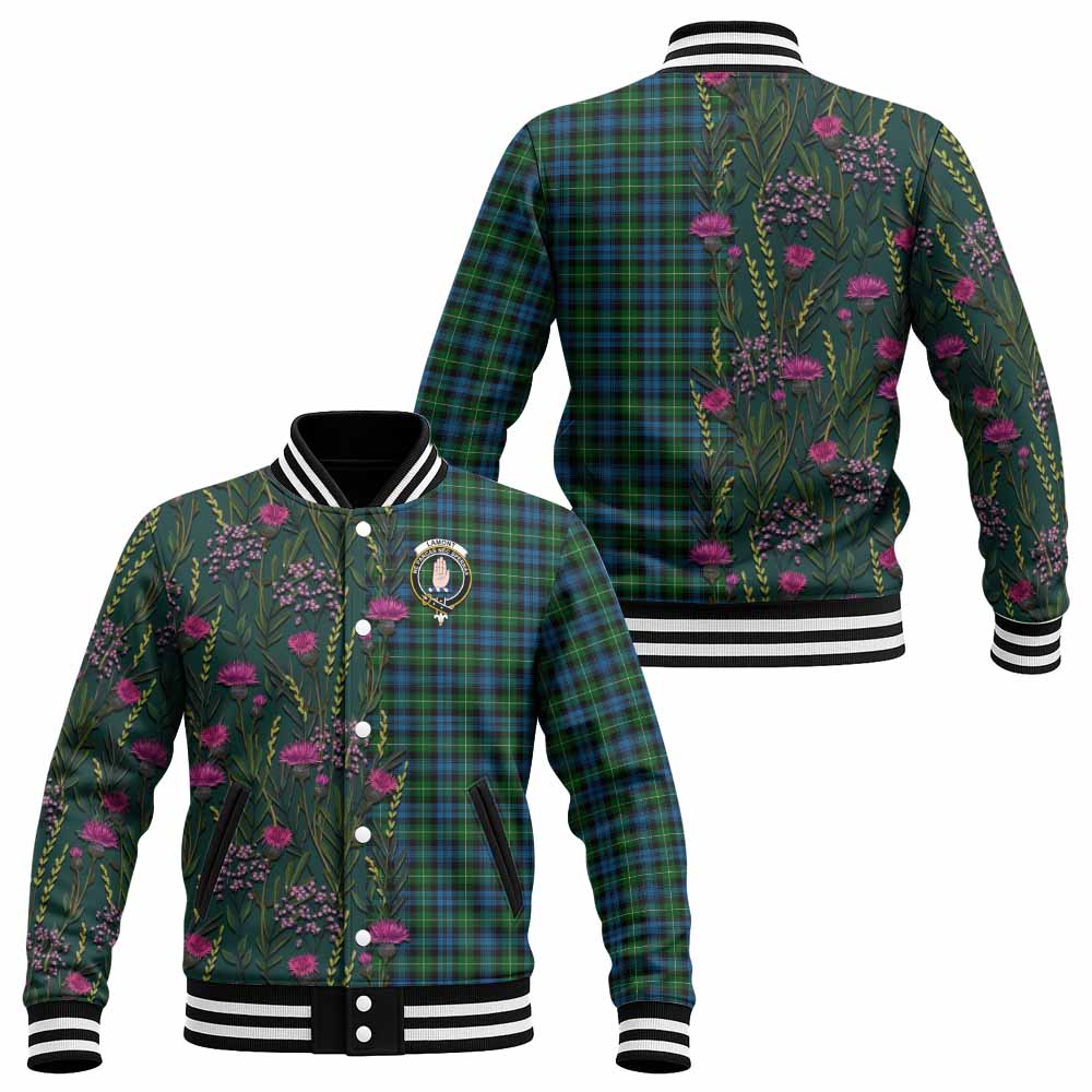 Lamont Family Crest Tartan Baseball Jacket Scottish Thistle Flower Pattern Half Style - Tartan Vibes Clothing