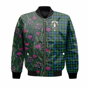 Lamont Family Crest Tartan Bomber Jacket Scottish Thistle Flower Pattern Half Style