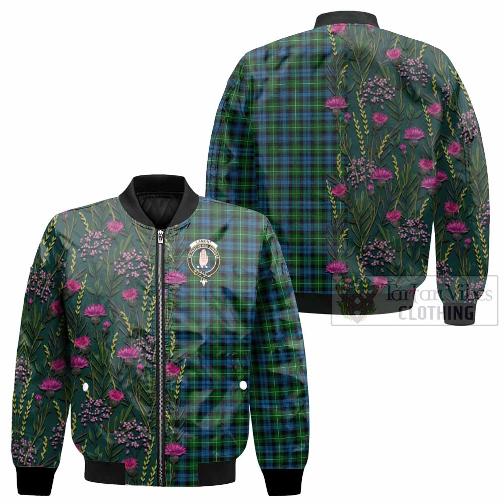 Lamont Family Crest Tartan Bomber Jacket Scottish Thistle Flower Pattern Half Style - Tartan Vibes Clothing