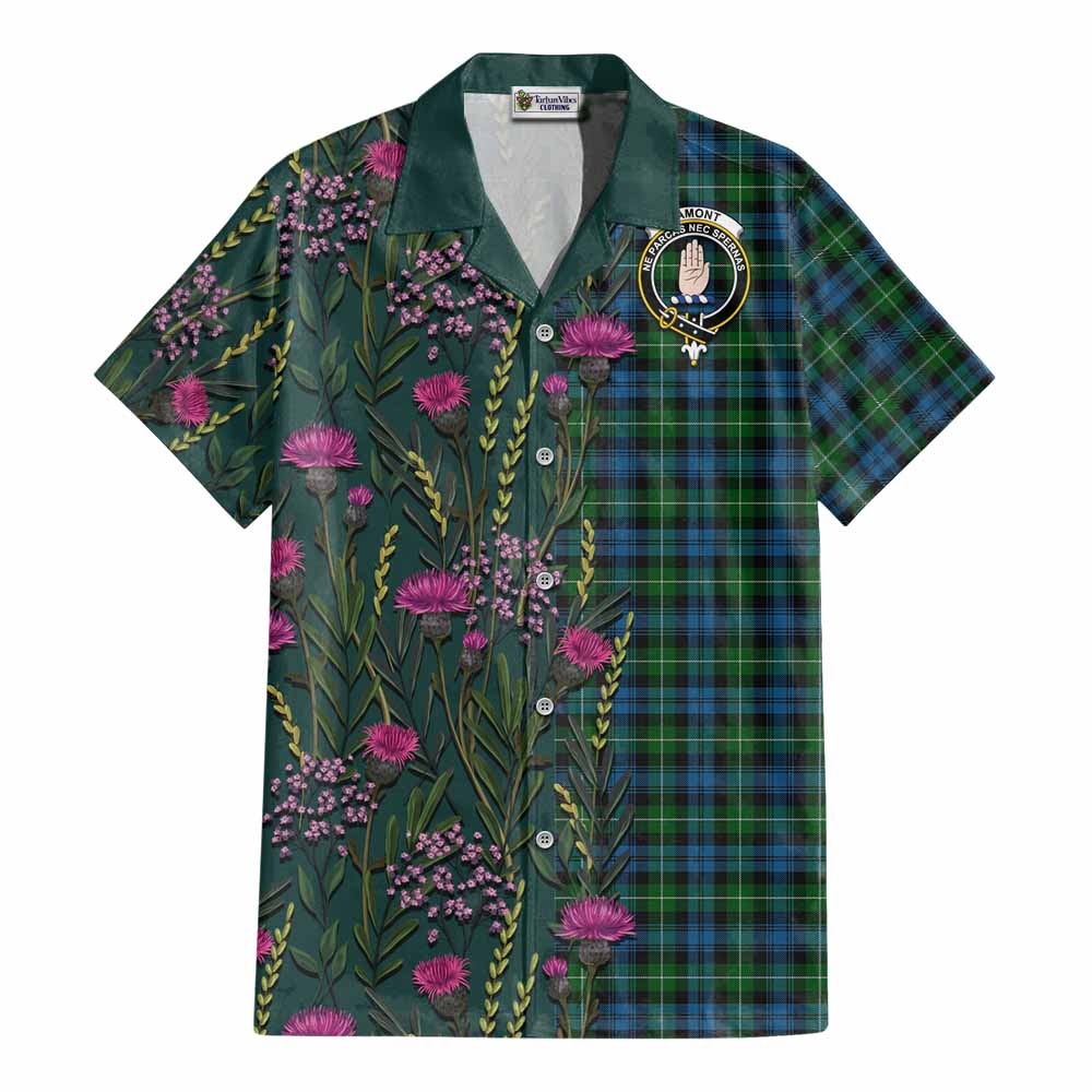 Lamont Family Crest Tartan Cotton Hawaiian Shirt Scottish Thistle Flower Pattern Half Style - Tartan Vibes Clothing